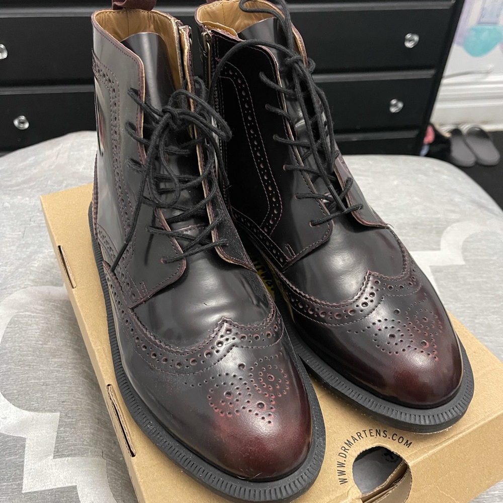 Dr. Marten Delphine in Cherry Red, size 10.